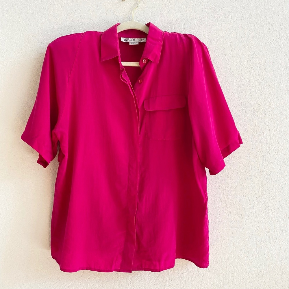 Vintage ARGENTI Women's 90s 100% Silk Short Sleeve Button Up Shirt Hot Pink 12